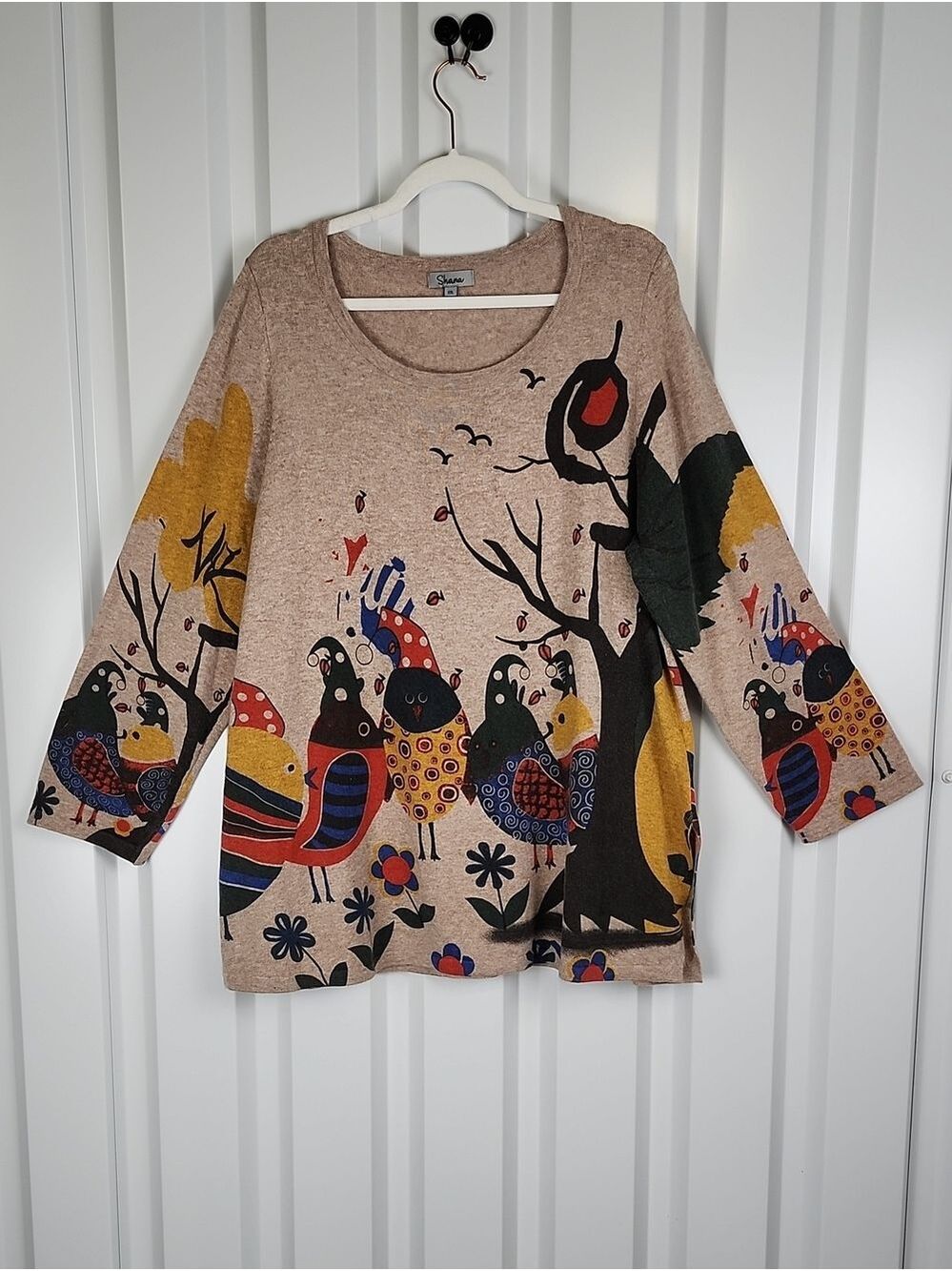 Shana Womens Beige Knit Top Multicolored Bird Print Size XXL Whimsical Fall